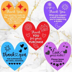 60 COUNT COLORS HEART-SHAPED THANK YOU CARDS  BLANK BACKS 2"